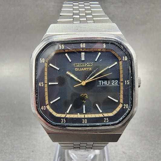 Seiko SQ Watch Men 36mm Black Dial Stainless Steel Daydate Rectangle New Battery