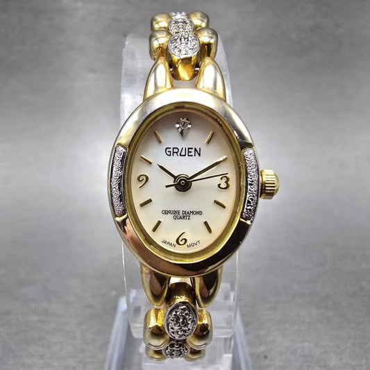 Gruen Watch Women 18mm MOP Dial Two Tone Ovel New Battery Vintage0