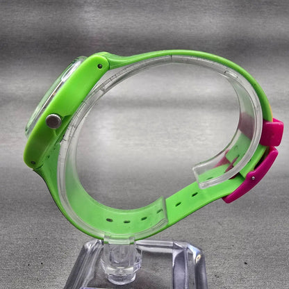 Swatch Playa Look Watch Women Silver Dial Green Case Round GZ215 New Battery6