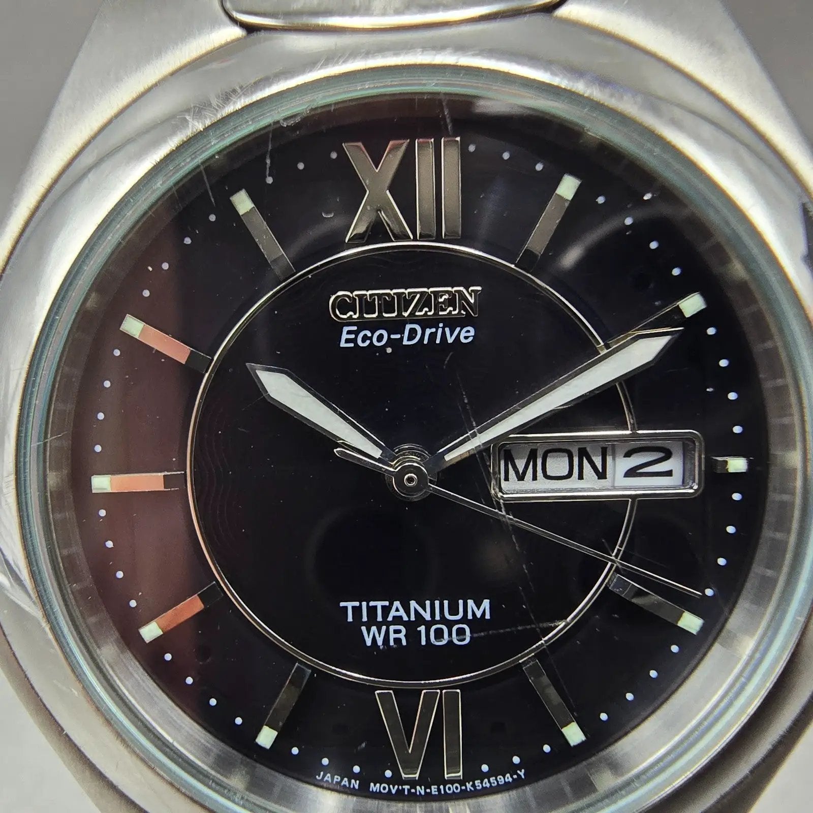 Citizen Eco-Drive Watch Men 37mm Black Dial Titanium Daydate E101-K18434 Runs1
