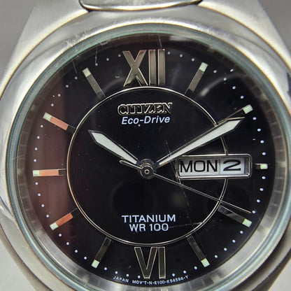 Citizen Eco-Drive Watch Men 37mm Black Dial Titanium Daydate E101-K18434 Runs1
