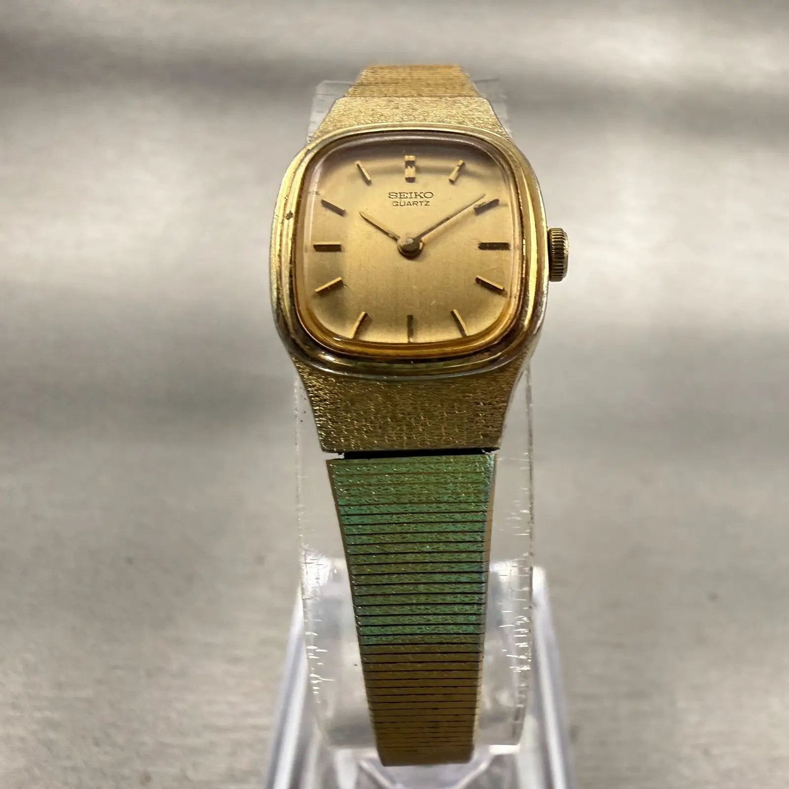 Seiko Watch Women 16mm Gold Dial Gold Tone Rectangle 2C20-5770 New Battery VTG5