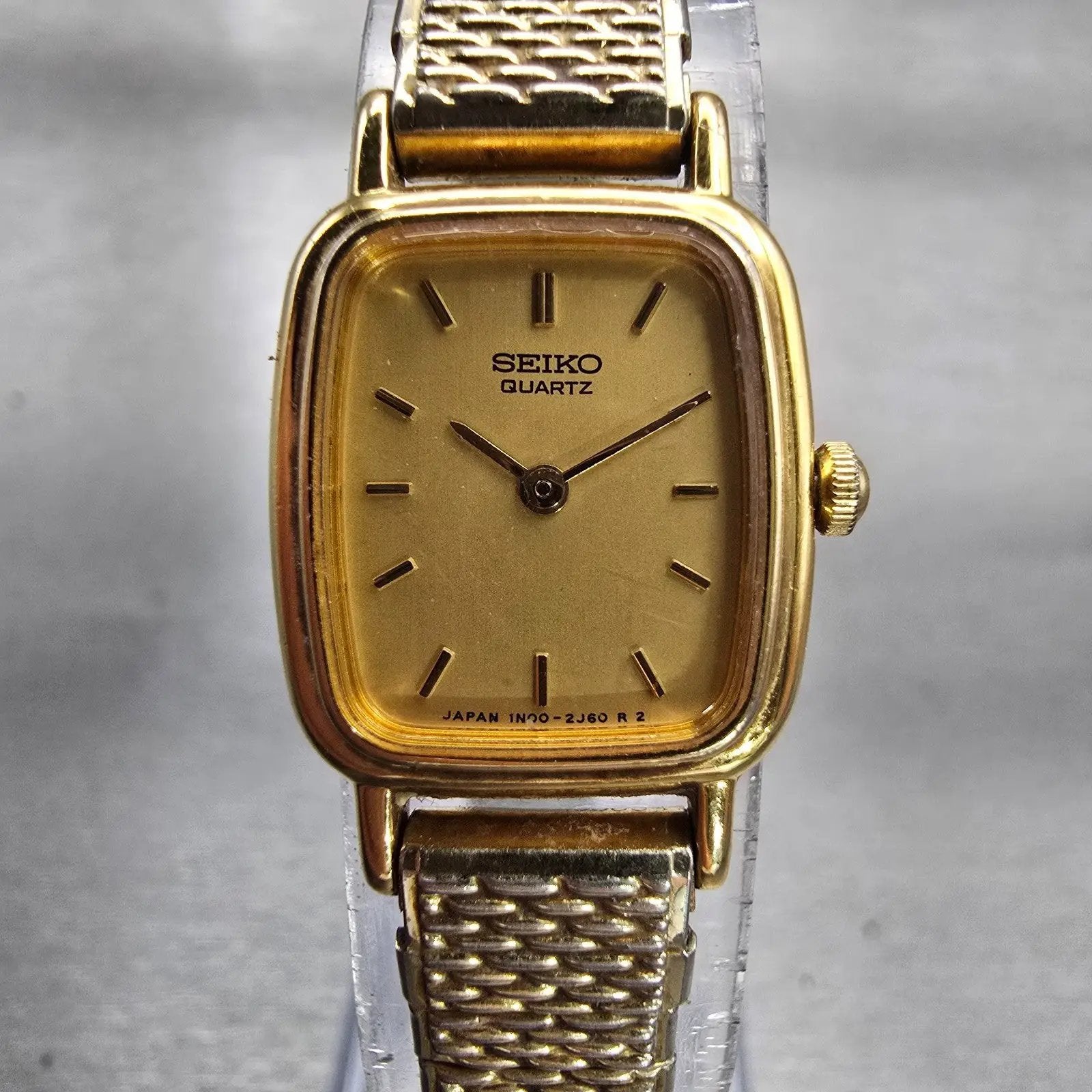 Seiko Watch Women 17mm Gold Dial Gold Tone Rectangle 1N00-5K29 New Battery VTG G0