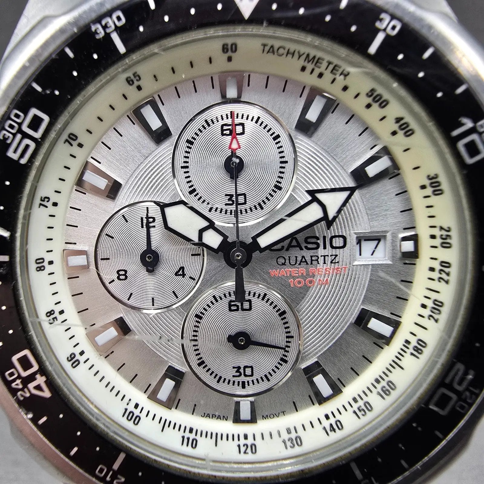 Casio Chronograph Watch Men 45mm Silver Dial Silver Tone Date AMW-330 NewBatt JK1