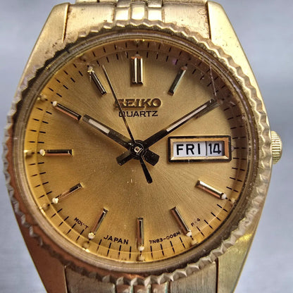 Seiko Watch Women 24mm Gold Dial Gold Tone Daydate Round 7N83-0041 New Battery1