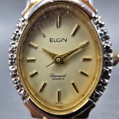 Elgin Watch Women 18mm Champagne Dial Gold Tone Oval Crystal Accent  New Battery1