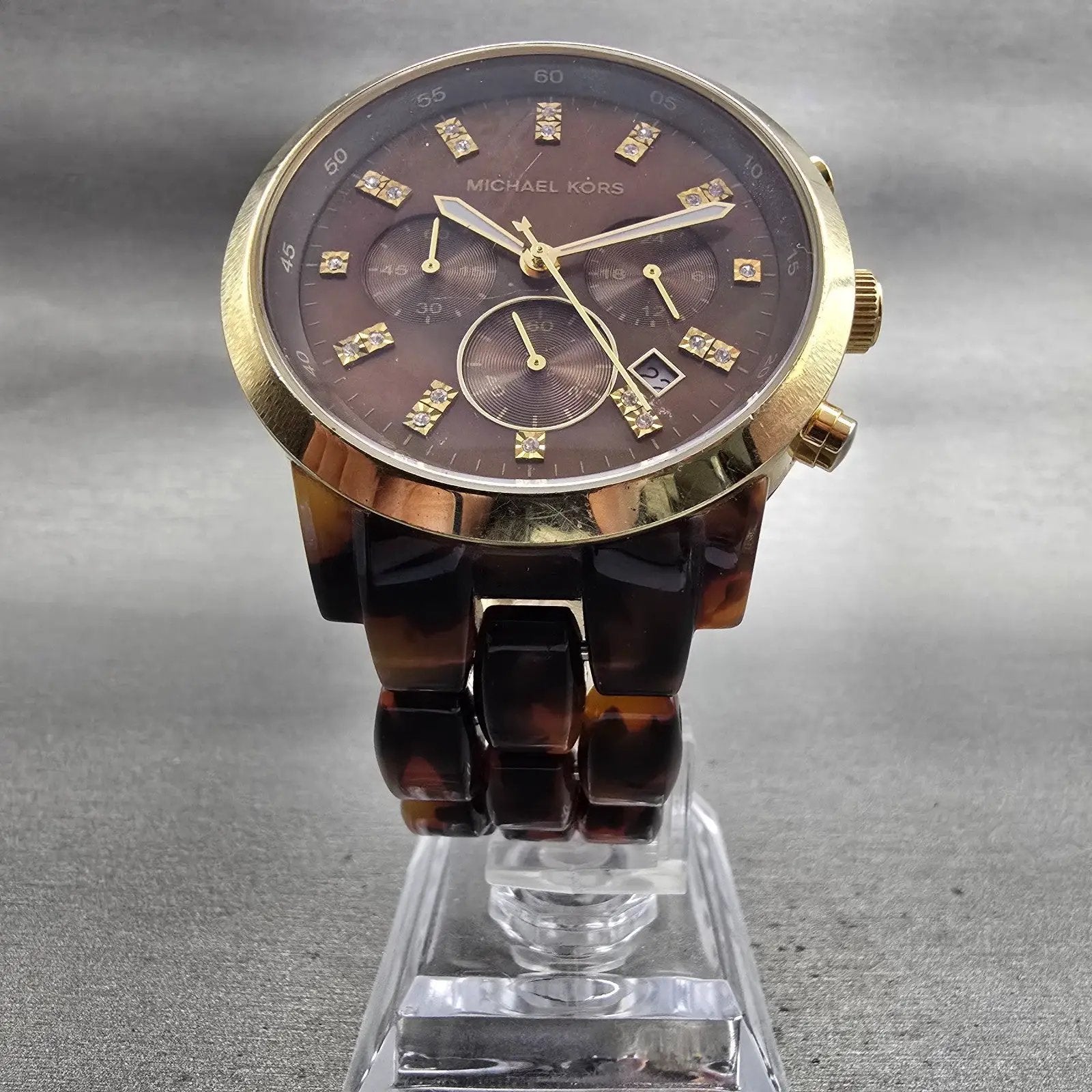Michael Kors Watch Women 43mm Brown Dial Gold Tone Chrono Date MK5216 New Batt5