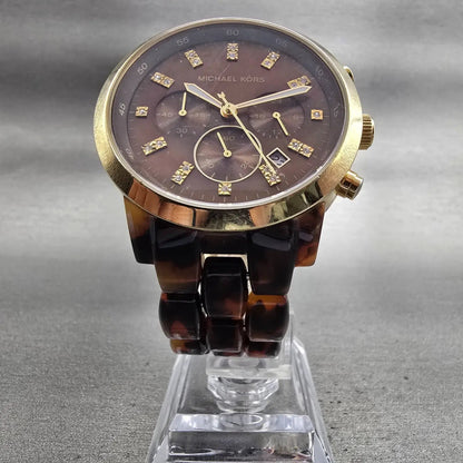 Michael Kors Watch Women 43mm Brown Dial Gold Tone Chrono Date MK5216 New Batt5