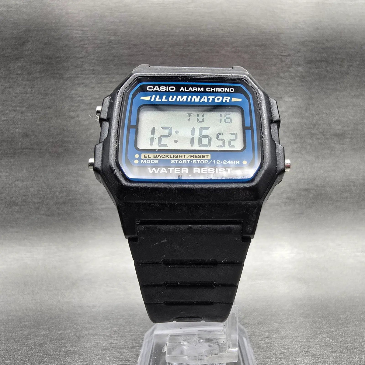Casio Illuminator F-105 Watch Men 35mm Black Blue Chrono Alarm New Battery JP345
