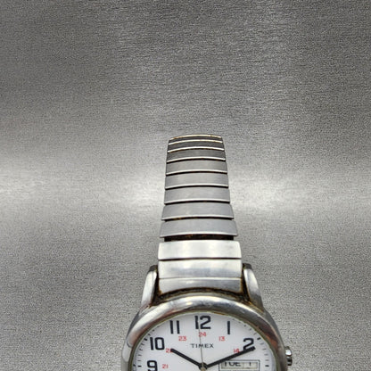 Timex Indiglo Easy Reader Watch Men 35mm White Dial Silver Tone Daydate New Batt4
