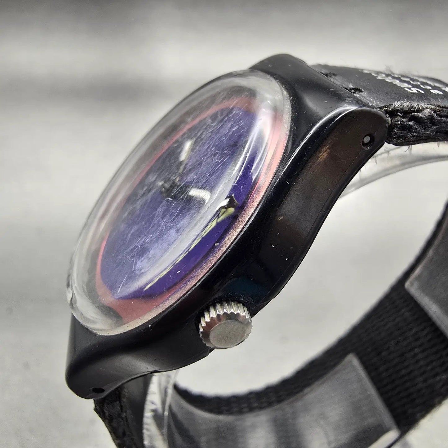 Swatch Access DOUBLE LOOP Watch Men Purple Dial Black Tone SKB100 New Battery2