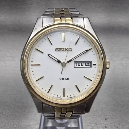 Seiko Solar Watch Men 37mm White Dial Two Tone Daydate Round V158-0AA0 Works0