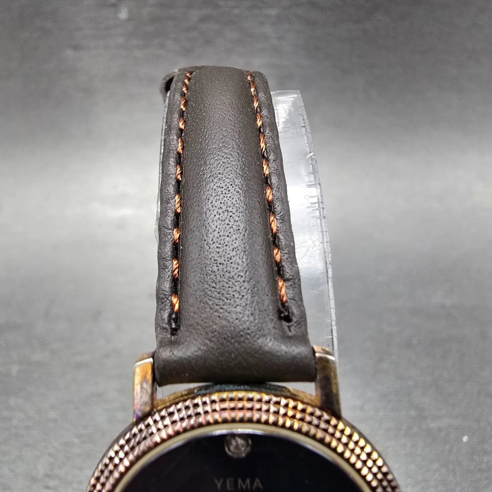 Yema Watch Women 25mm Blue Dial Gold Tone Round Leather Band New Battery4
