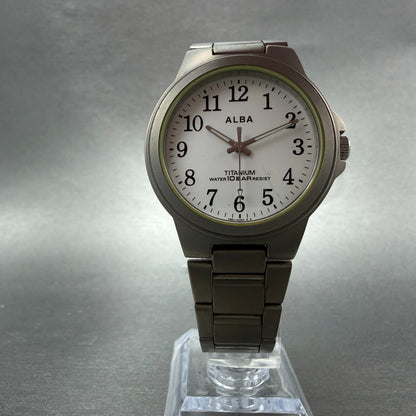 Seiko Alba Watch Men 35mm White Dial Titanium Round V501-0DN0 New Battery VTG VT5