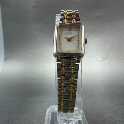Seiko Tank Watch Women 18mm White Dial Two Tone Rectangle V401-5129 New Batt H2W5