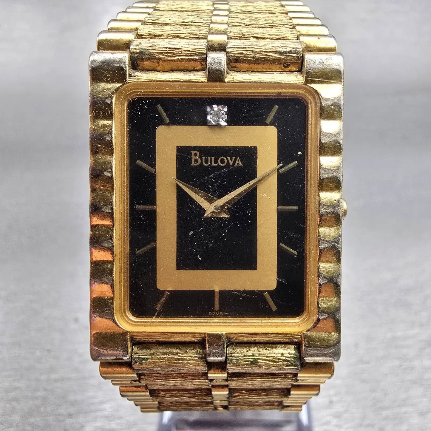 Bulova Watch Men 25mm Black Dial Gold Tone Diamond Rectangle 92M51 New Battery1