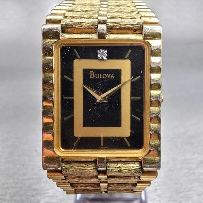 Bulova Watch Men 25mm Black Dial Gold Tone Diamond Rectangle 92M51 New Battery1