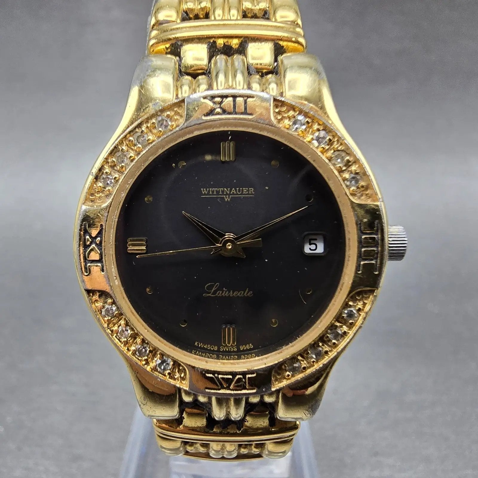 Wittnauer Laureate Watch Women 25mm Black Dial Gold Tone Date Round New Battery0