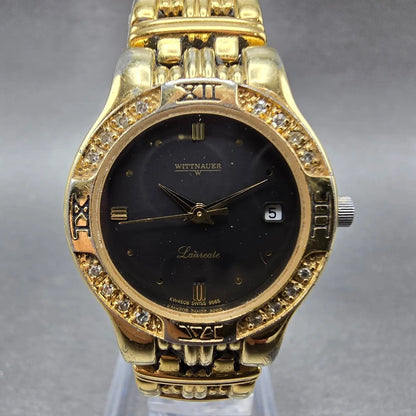 Wittnauer Laureate Watch Women 25mm Black Dial Gold Tone Date Round New Battery0