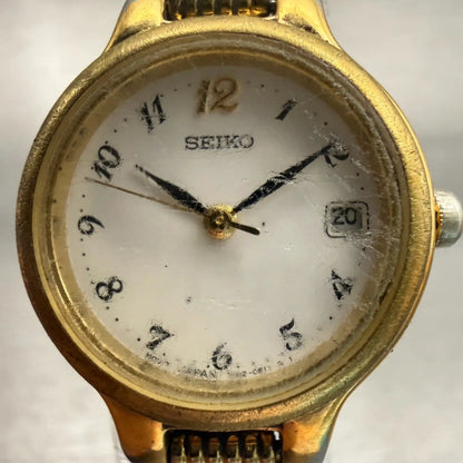 Seiko Watch Women 23mm White Dial Gold Tone Date Round 7N82-0228 New Battery VTG1