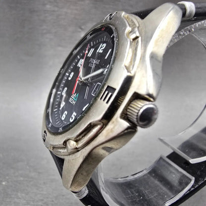 Seiko Pulsar Solar Watch Men 39mm Black Dial Silver Tone Date V145-0B90 Runs2