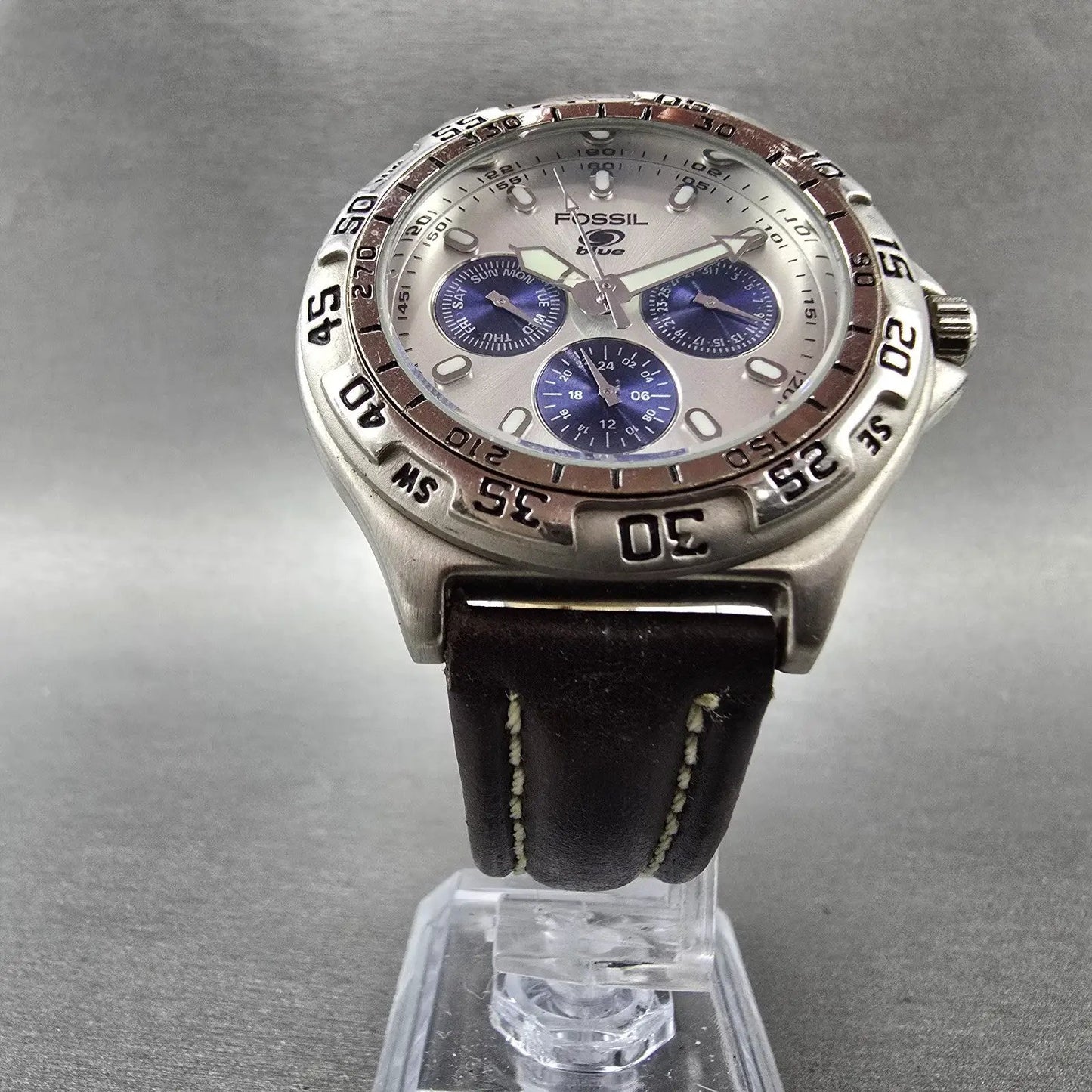 Fossil Blue Watch Men 40mm Silver & Blue Dial Steel Daydate BQ-8785 New Battery5
