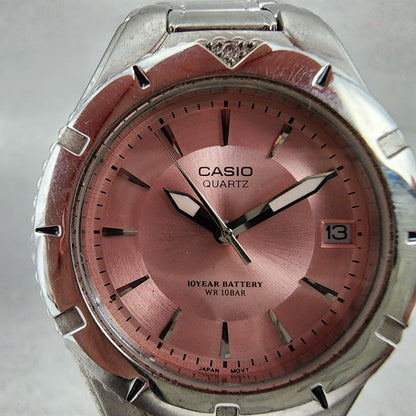 Casio Women Diver Watch Women 33mm Pink Dial Silver Tone Date LTD1035 New Batt11