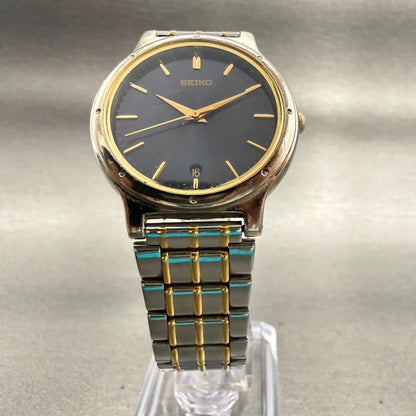 Seiko Watch Men 33mm Black Dial Two Tone Date Round V732-0090 New Battery VTG5