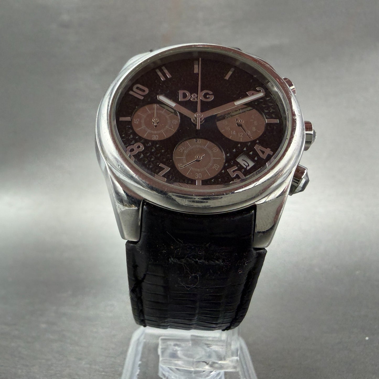 Dolce & Gabana Chrono Watch Men 38mm Black Dial Steel Date Round READ!! New Batt5