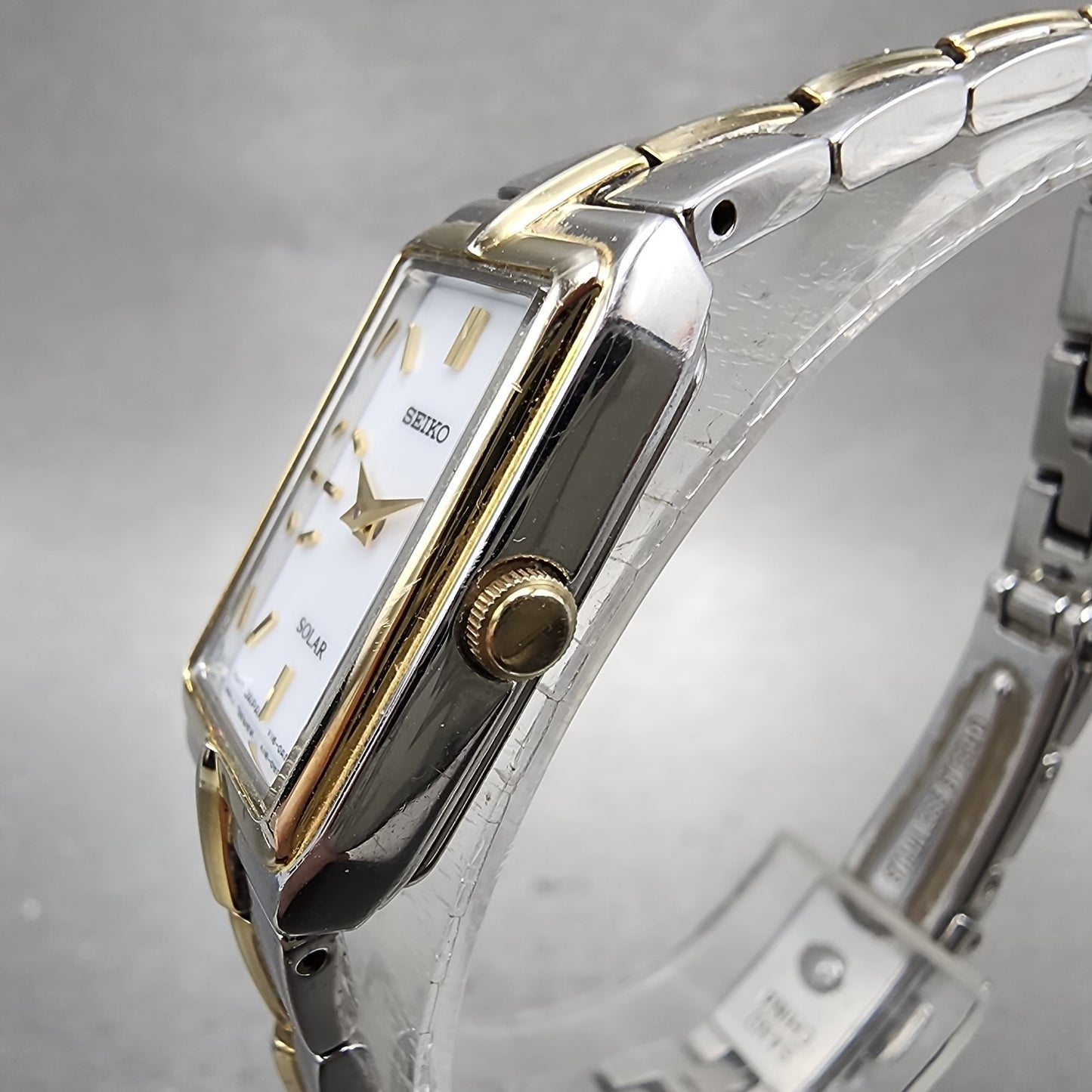 Seiko Solar Tank Watch Women 15mm White Dial Two Tone Rectangle V1160ah0 Runs A2