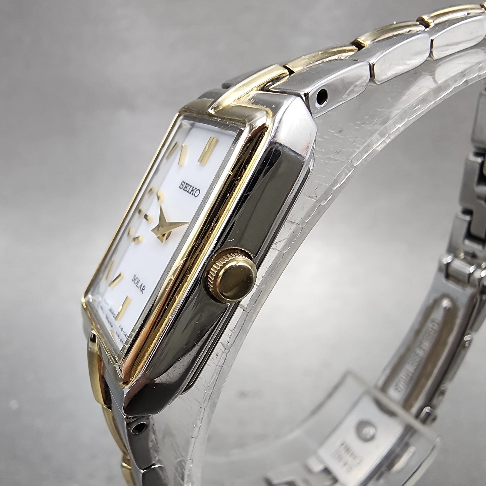 Seiko Solar Tank Watch Women 15mm White Dial Two Tone Rectangle V1160ah0 Runs A2