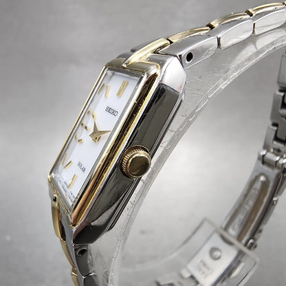 Seiko Solar Tank Watch Women 15mm White Dial Two Tone Rectangle V1160ah0 Runs A2