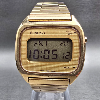 Seiko Digital Watch Men 32mm Gold Dial Gold Tone Daydate F051-5029 New Battery0
