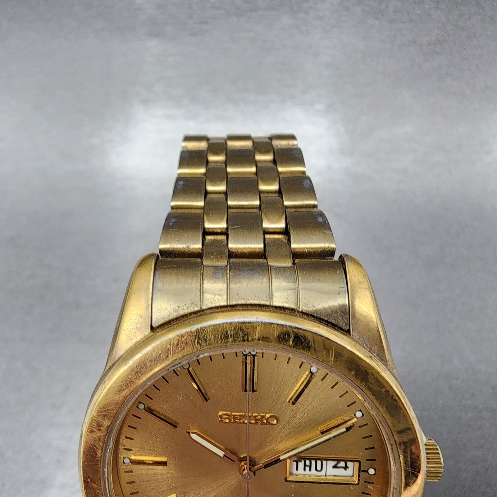 Seiko Watch Men 37mm Gold Dial Gold Tone Daydate Round 7n430am0 New Battery4