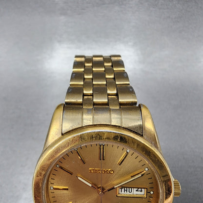 Seiko Watch Men 37mm Gold Dial Gold Tone Daydate Round 7n430am0 New Battery4
