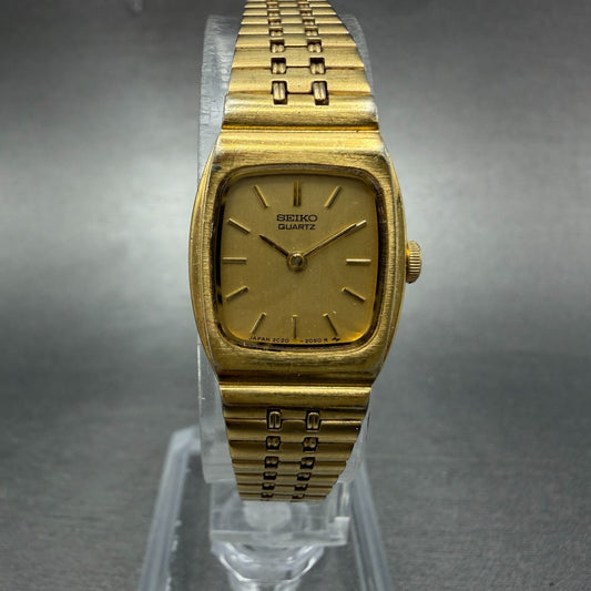 Seiko Tank Watch Women 16mm Champagne Dial Gold Tone 2C20-5969 New Battery0