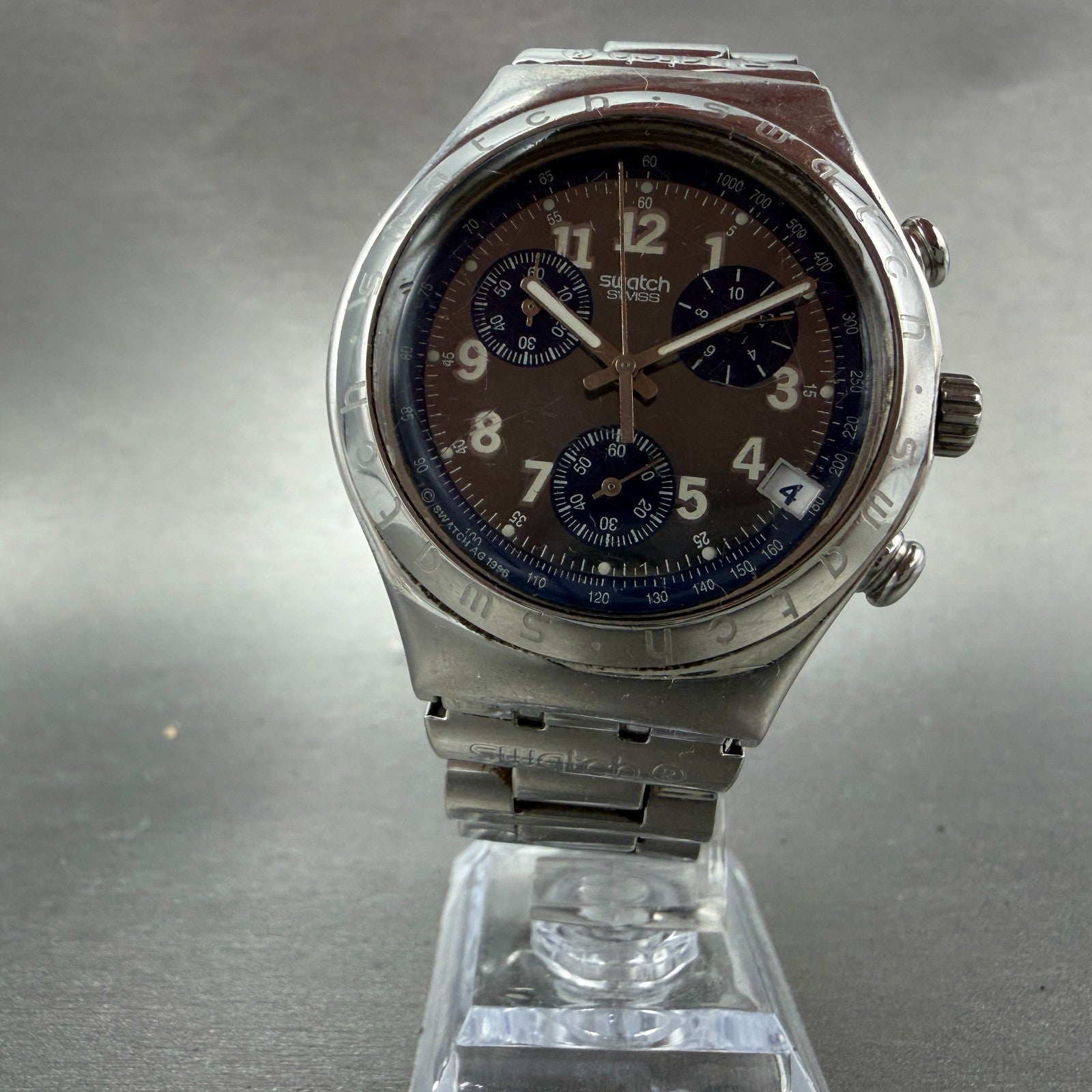 Swatch irony Chrono Secret Agent Watch Men 40mm Blue Dial Steel Date New Batt5