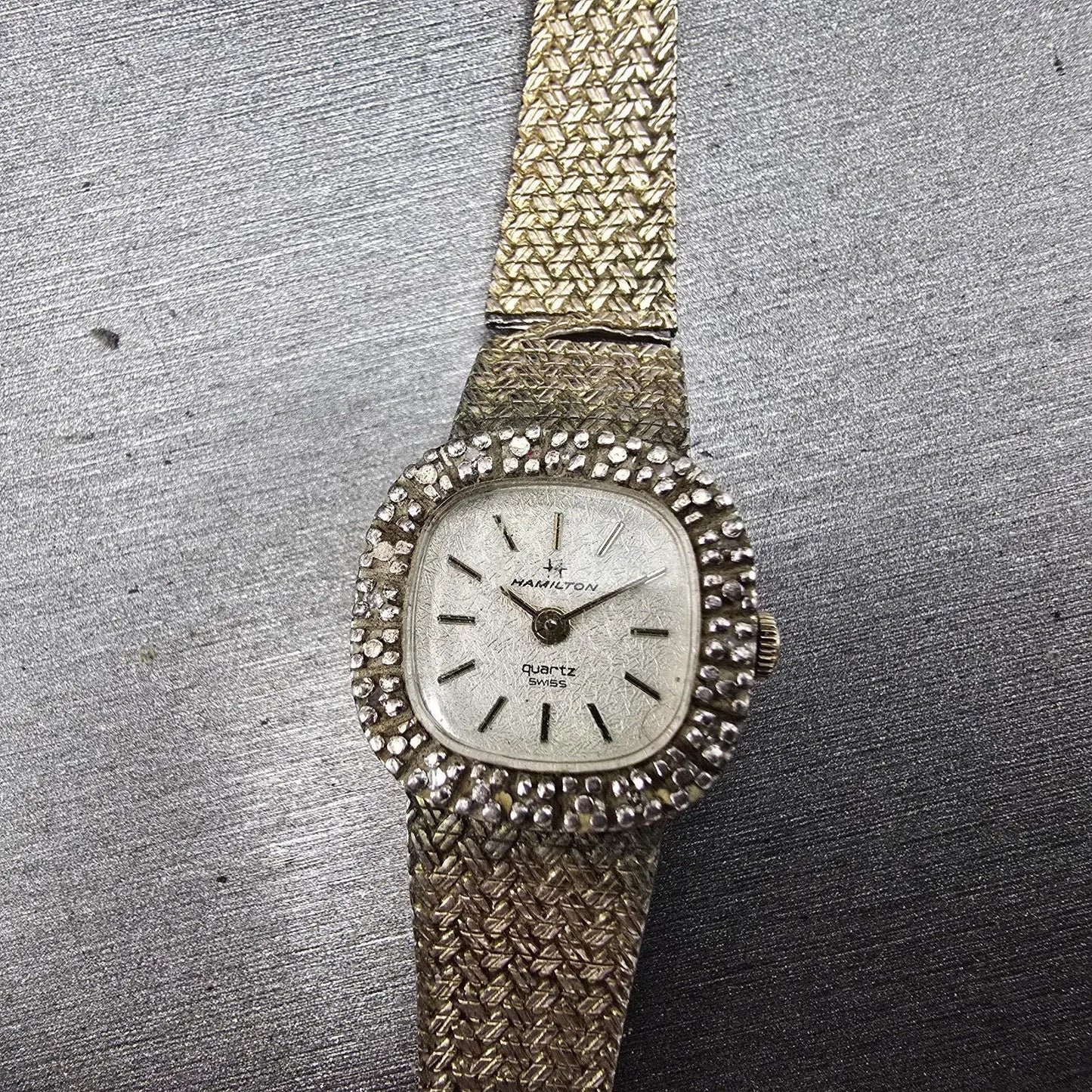 Hamilton Watch Women 18mm White Dial Gold Tone Rectangle Diamonds 8862 PARTS0