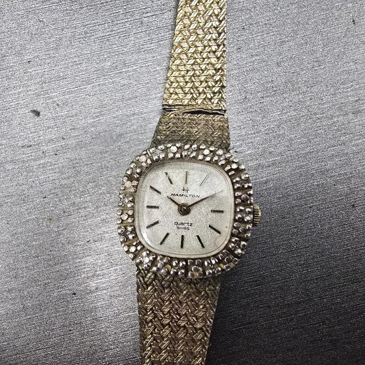 Hamilton Watch Women 18mm White Dial Gold Tone Rectangle Diamonds 8862 PARTS0