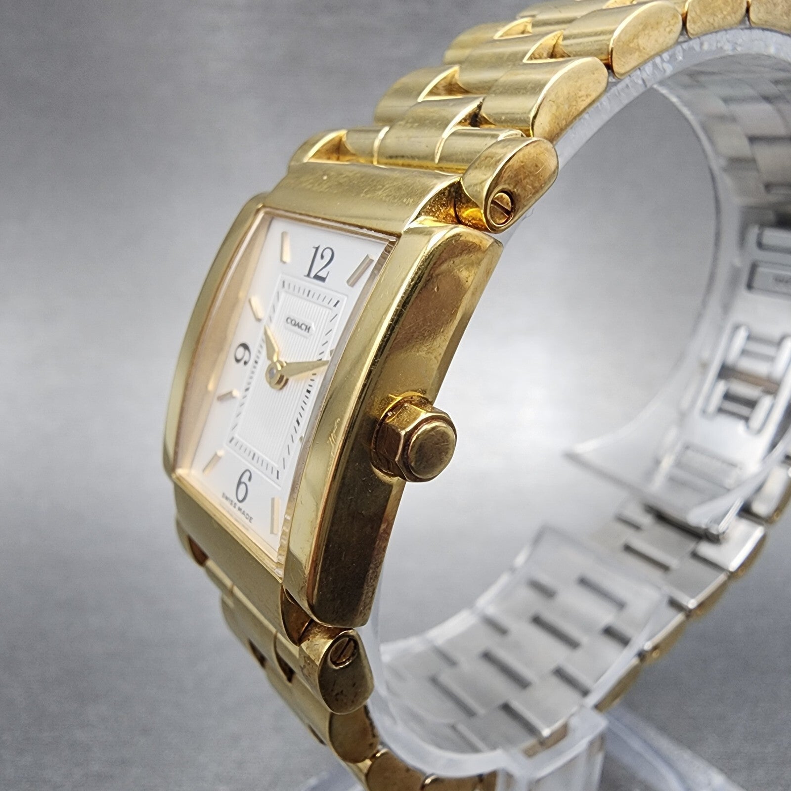 Coach Tank Watch Women 20mm White Dial Gold Tone Rectangle W015 New Battery2
