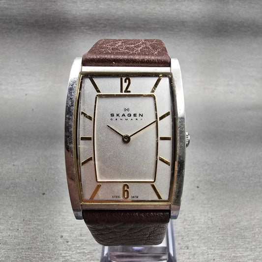 Skagen Watch Men 29mm Silver Dial Silver Tone Rectangle 294LSL1 New Battery0
