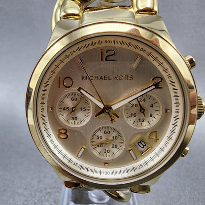 Michael Kors Runway Chronograph Watch Women 38mm Gold Dial Gold Tone New Battery2