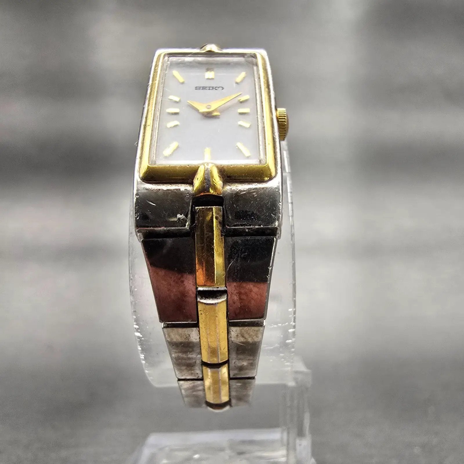 Seiko Watch Women 13mm White Dial Two Tone Rectangle 2E20-7479 New Battery READ!5