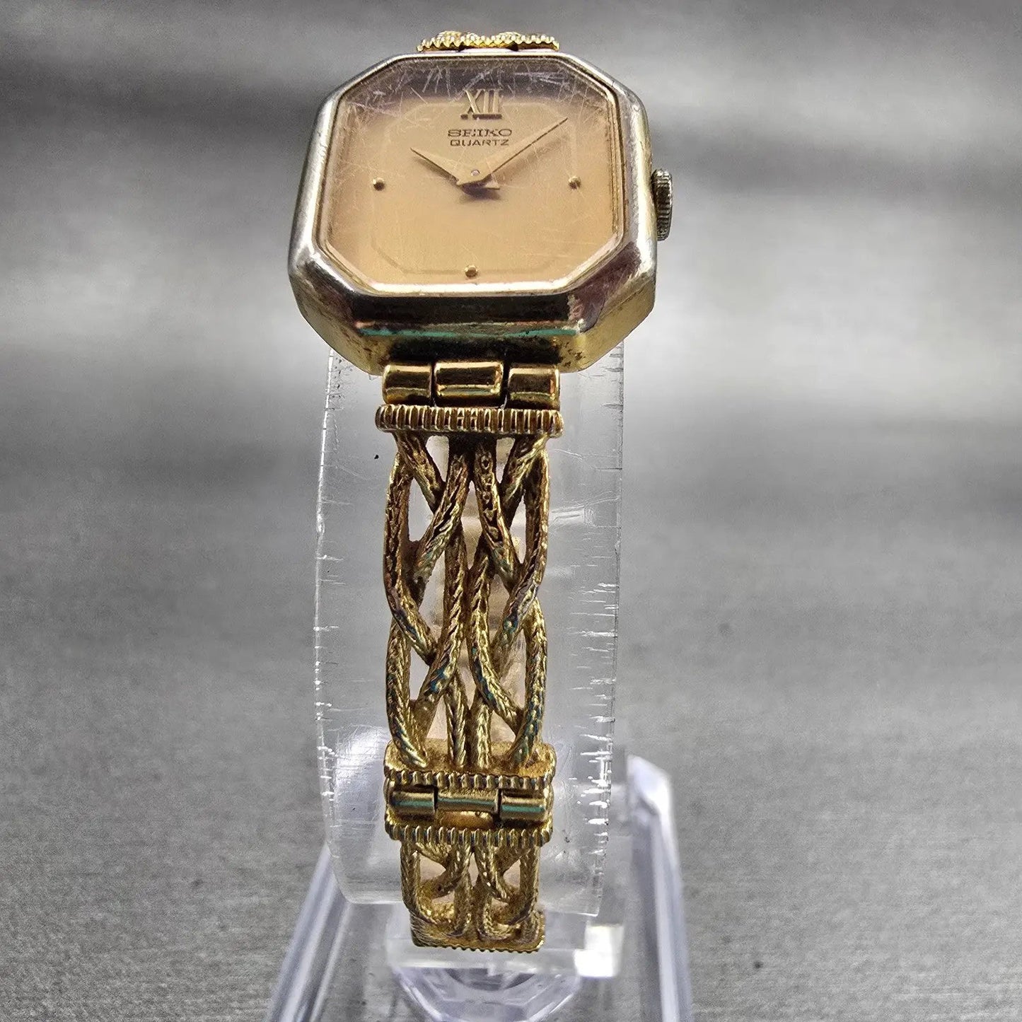 Seiko Watch Women 17mm Gold Dial Gold Tone Octagon 1400-8289 New Battery Vintage5