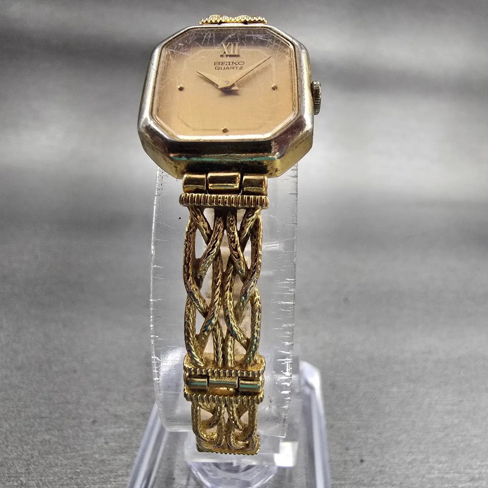 Seiko Watch Women 17mm Gold Dial Gold Tone Octagon 1400-8289 New Battery Vintage5