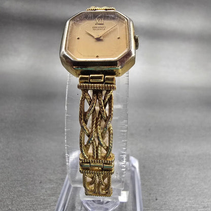 Seiko Watch Women 17mm Gold Dial Gold Tone Octagon 1400-8289 New Battery Vintage5