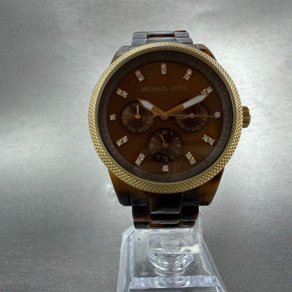 Michael Kors Watch Women 37mm Brown Dial Gold Tone Tortas Daydate New Battery KI5