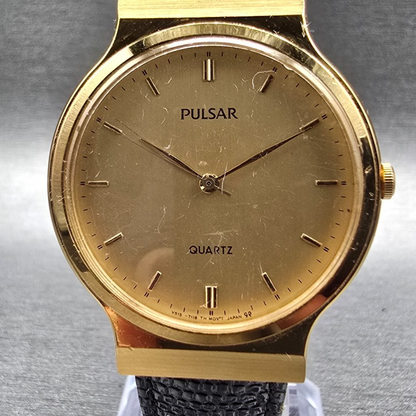 Seiko Pulsar Watch Men 31mm Gold Dial Gold Tone Round V515-7040 New Battery1