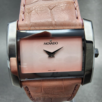 Movado Eliro Watch Women 32mm Pink Dial Silver Tone Rectangle New Battery