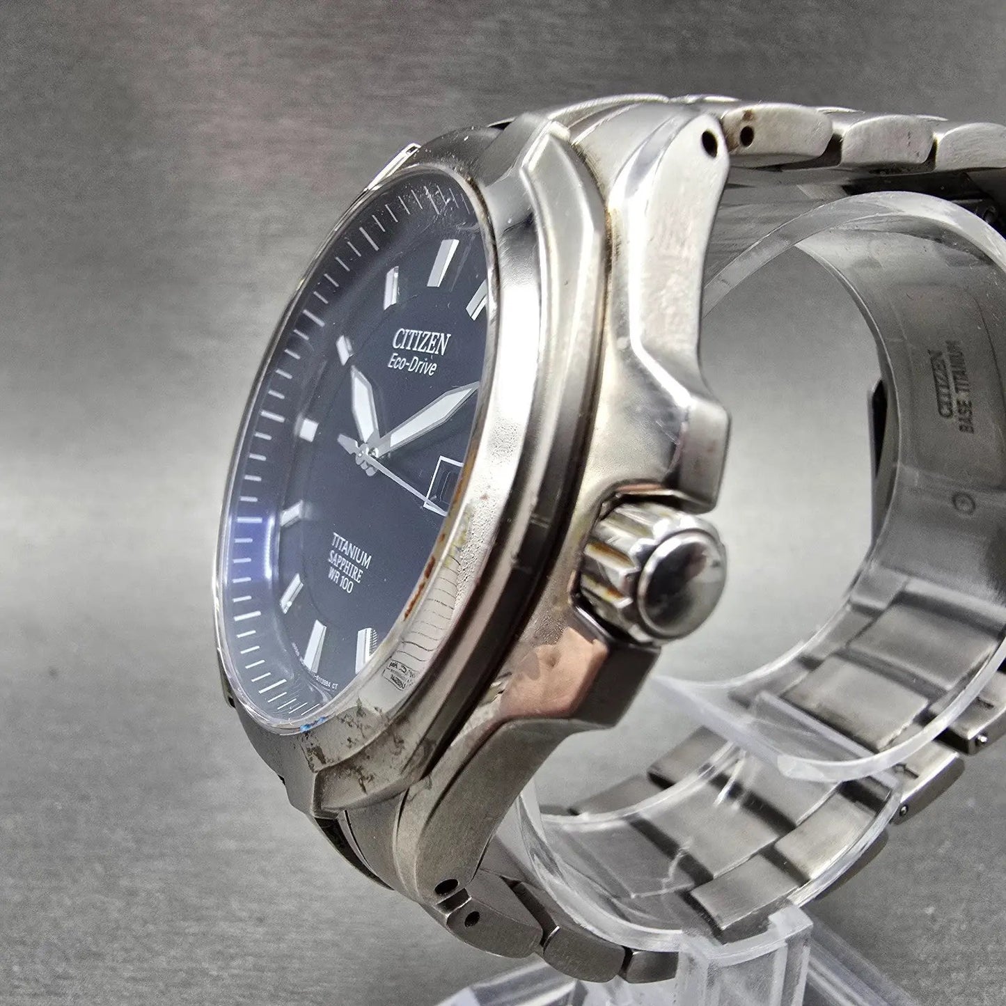 Citizen Eco-Drive Watch Men 43mm Blue Dial Titanium Date E111-S078369 Runs2